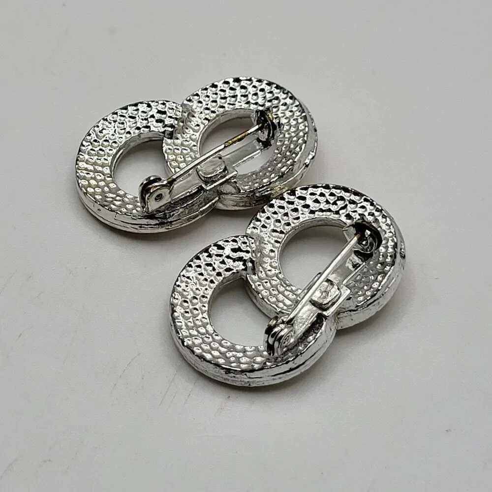 Estate lot of 2 Vintage Double Circle Rhinestone Pins 1.25in